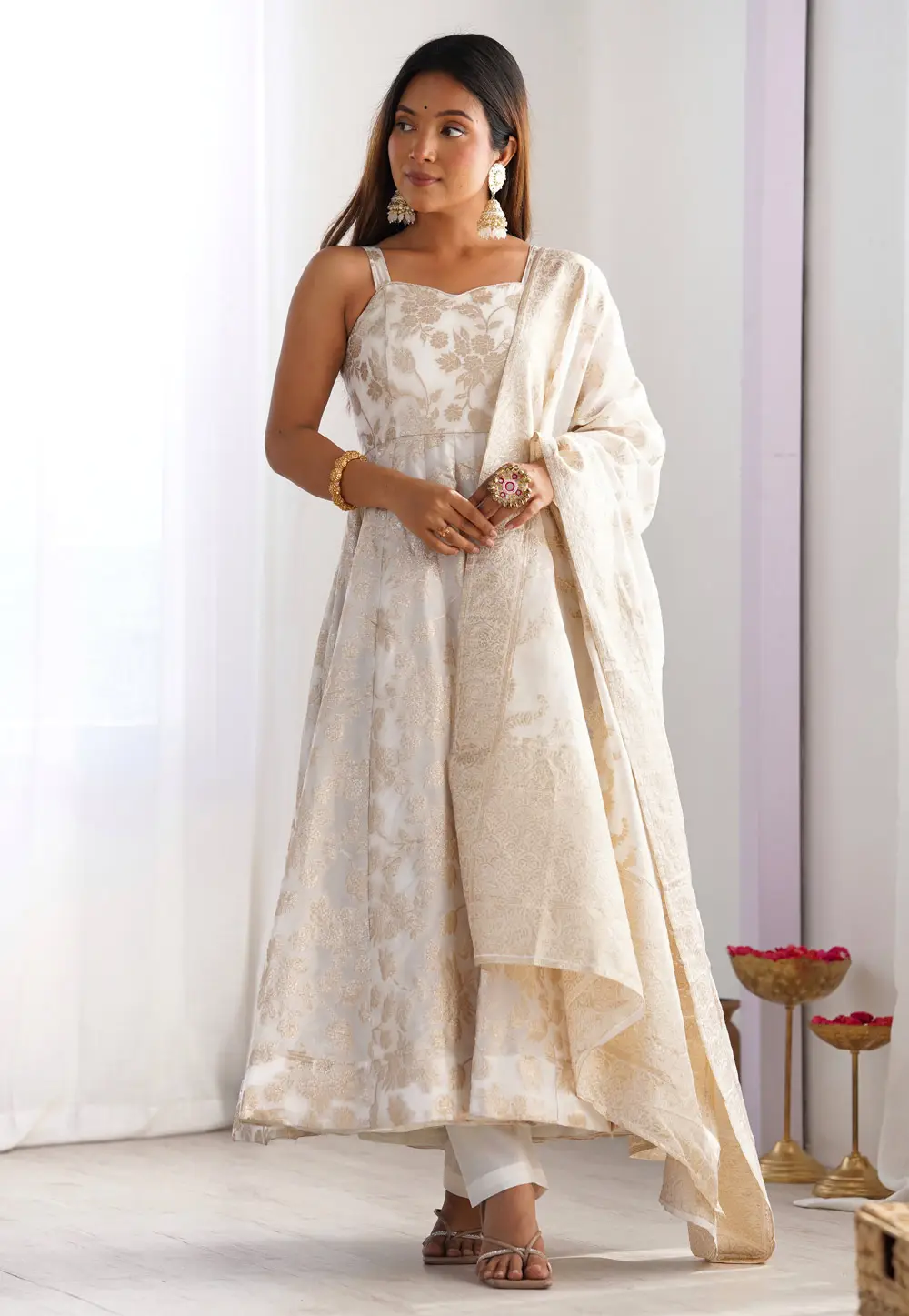 White Banarasi Jacquard Readymade Anarkali Suit 336688