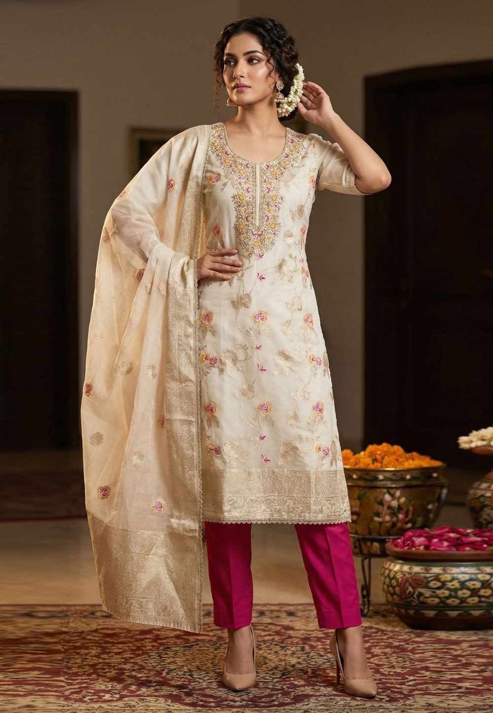 White Banarasi Pant Style Suit 327443