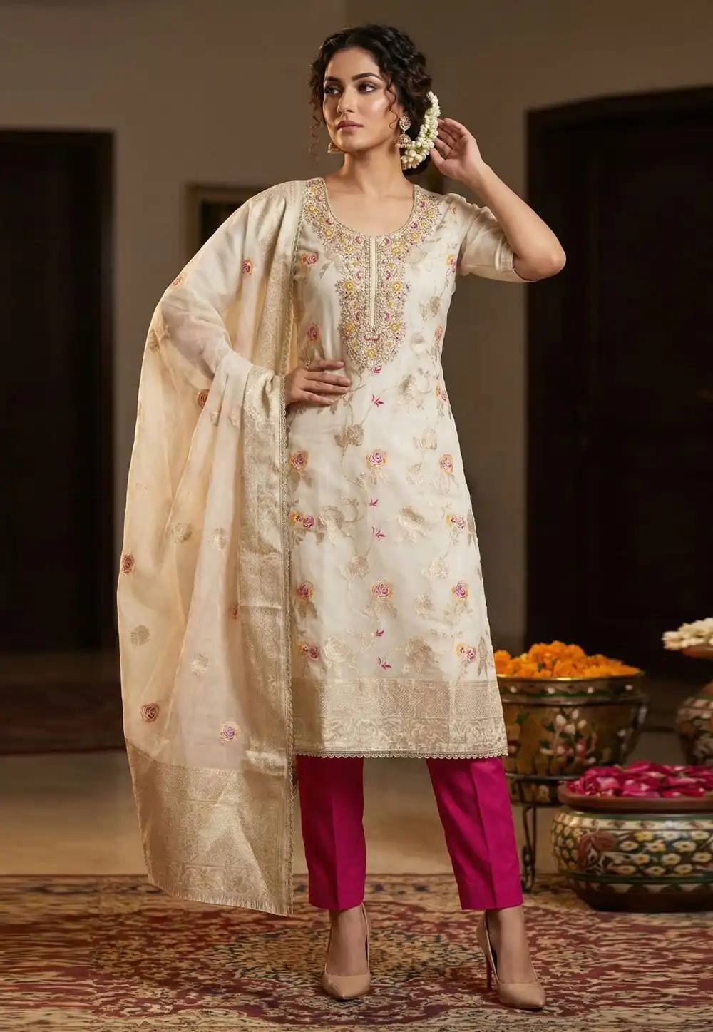 White Banarasi Pant Style Suit 327443