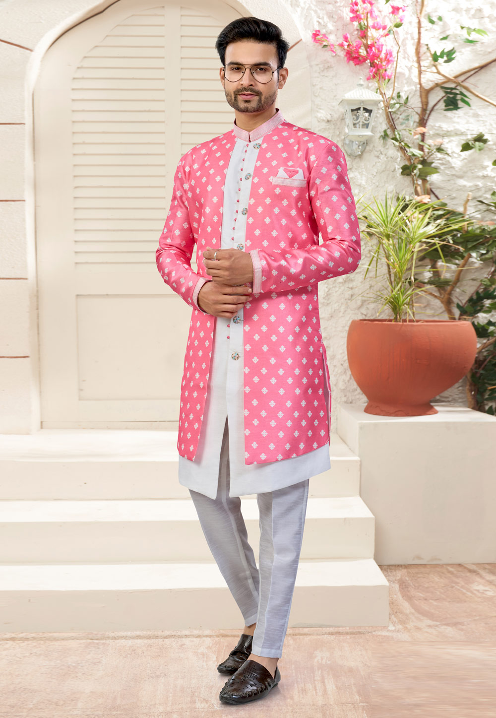 White Banarasi Silk Indo Western Suit 324624