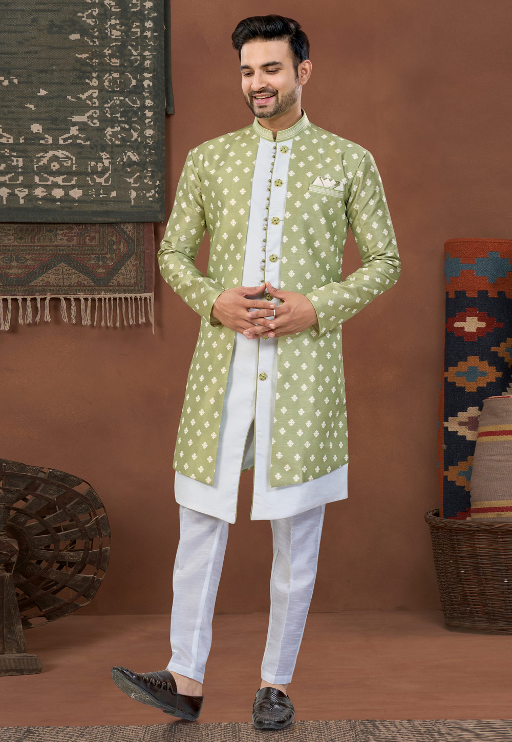 White Banarasi Silk Indo Western Suit 324625