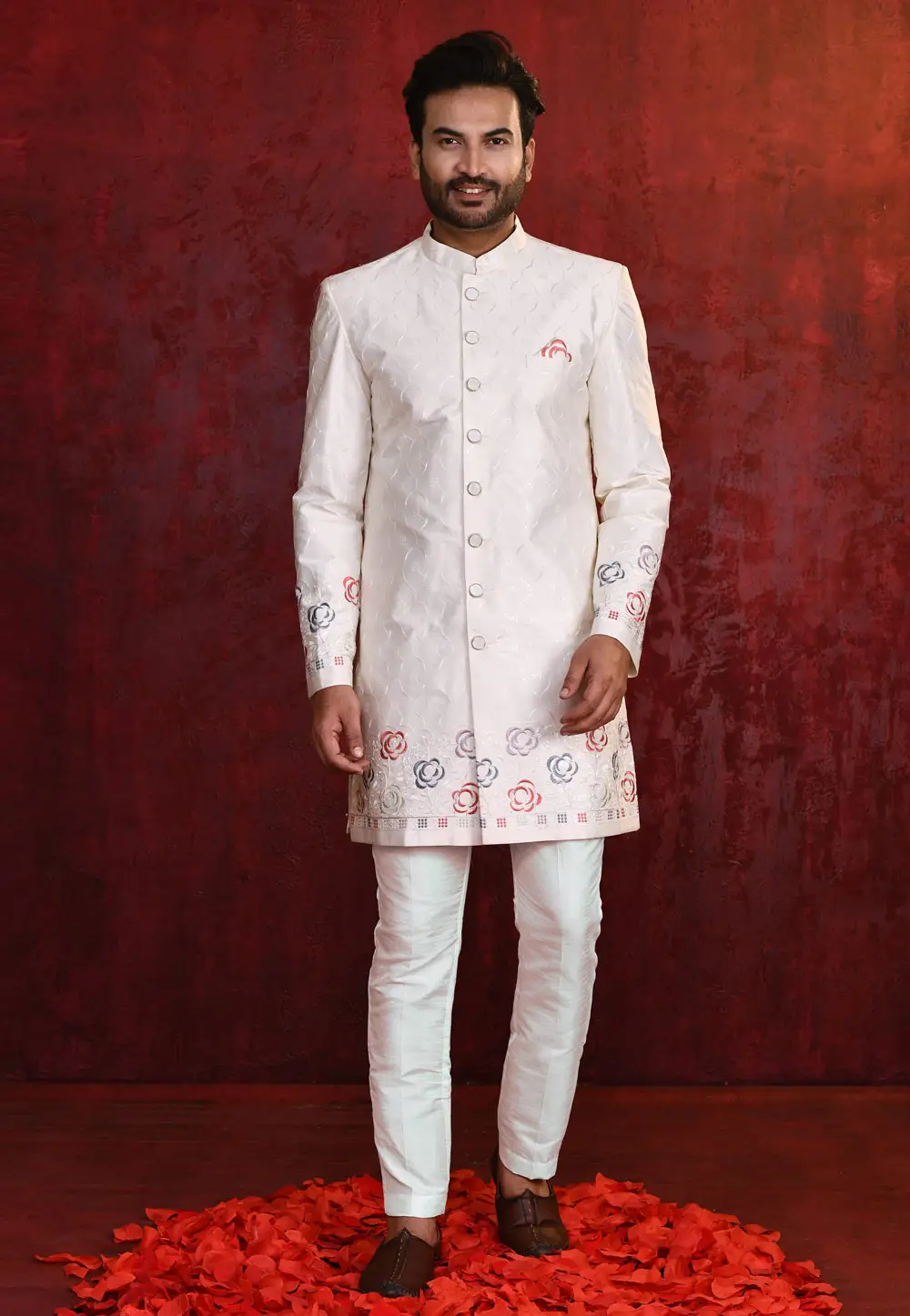 White Banarasi Silk Indo Western Suit 335259