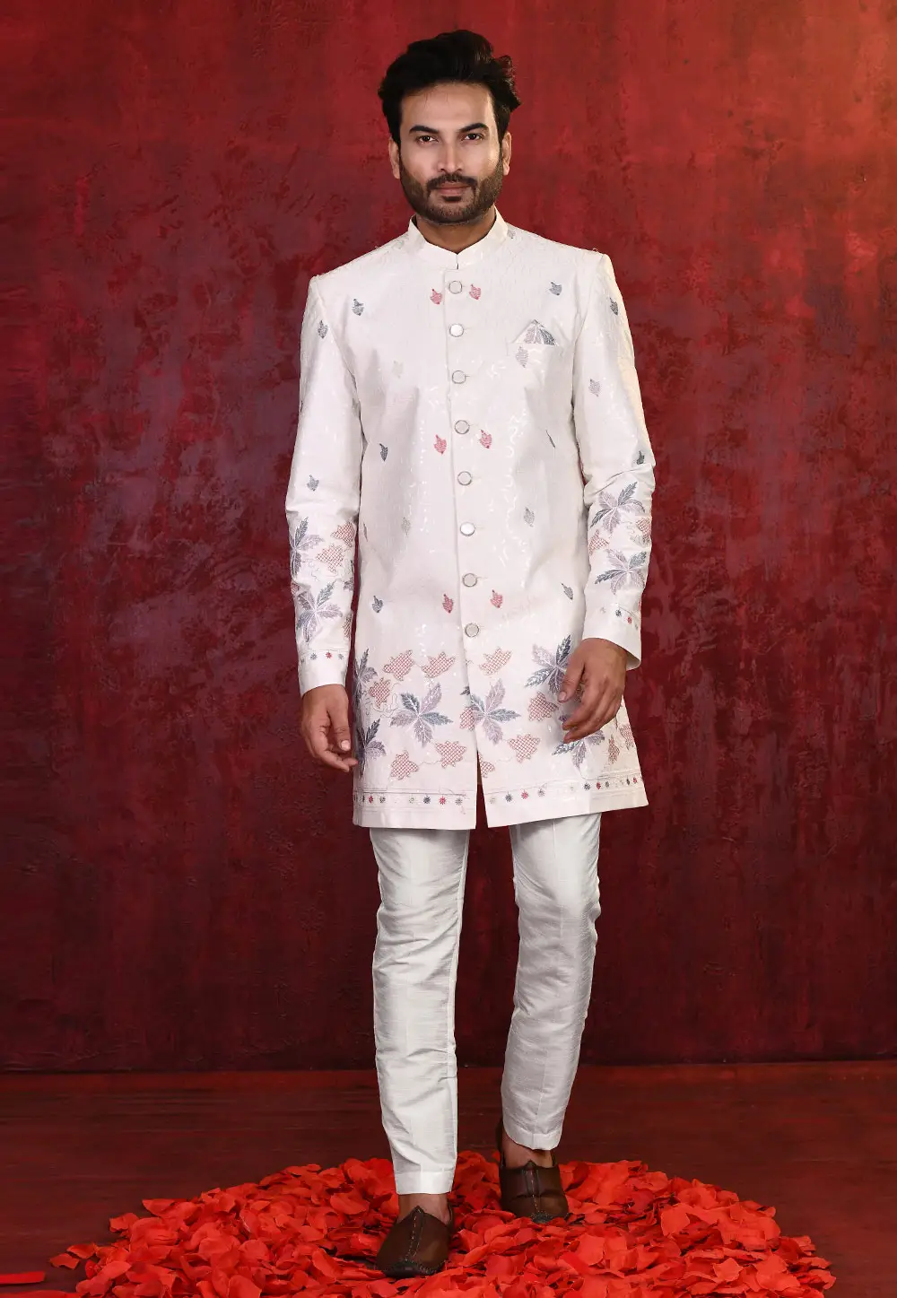 White Banarasi Silk Indo Western Suit 335260