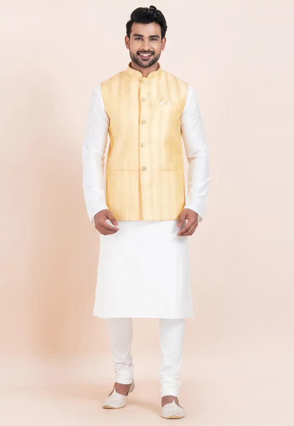 White Banarasi Silk Kurta Pajama With Jacket 304820