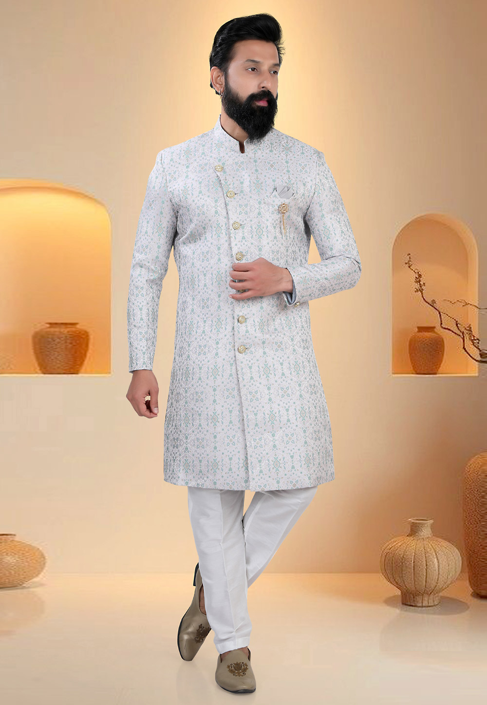 White Brocade Indo Western Suit 321308
