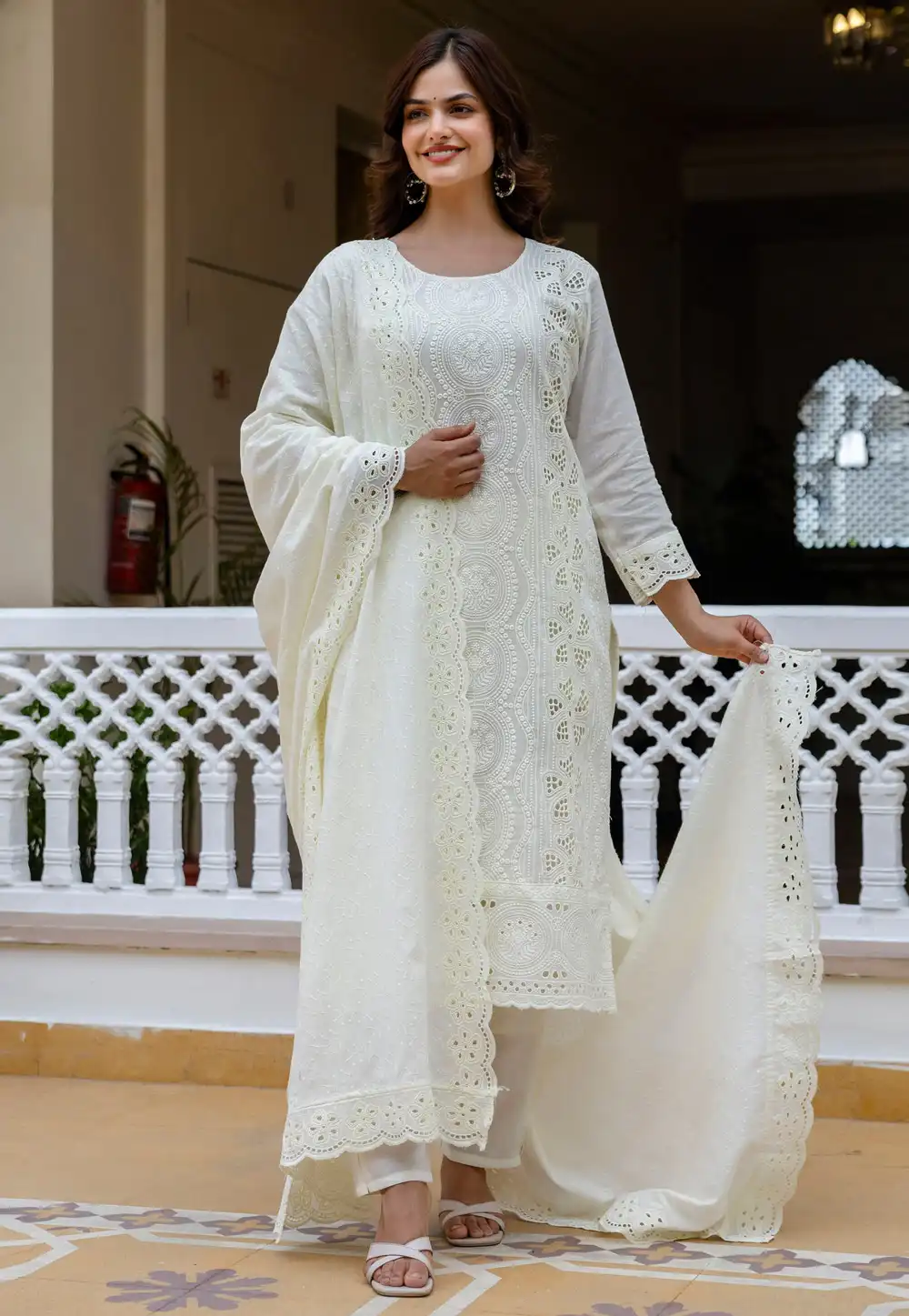 White Cambric Cotton Readymade Pant Style Suit 330663