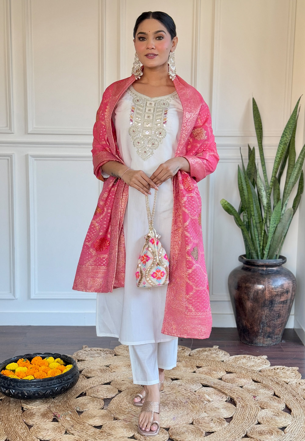 White Chanderi Readymade Pakistani Suit 311333