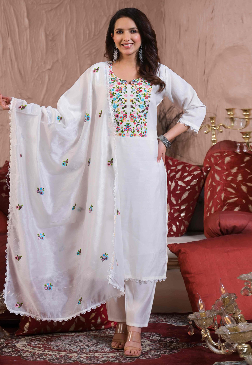 White Chanderi Readymade Pakistani Suit 308803