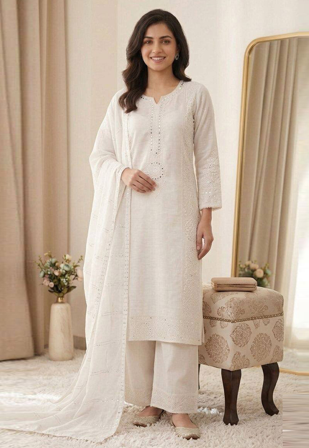 White Chanderi Readymade Palazzo Suit 330334