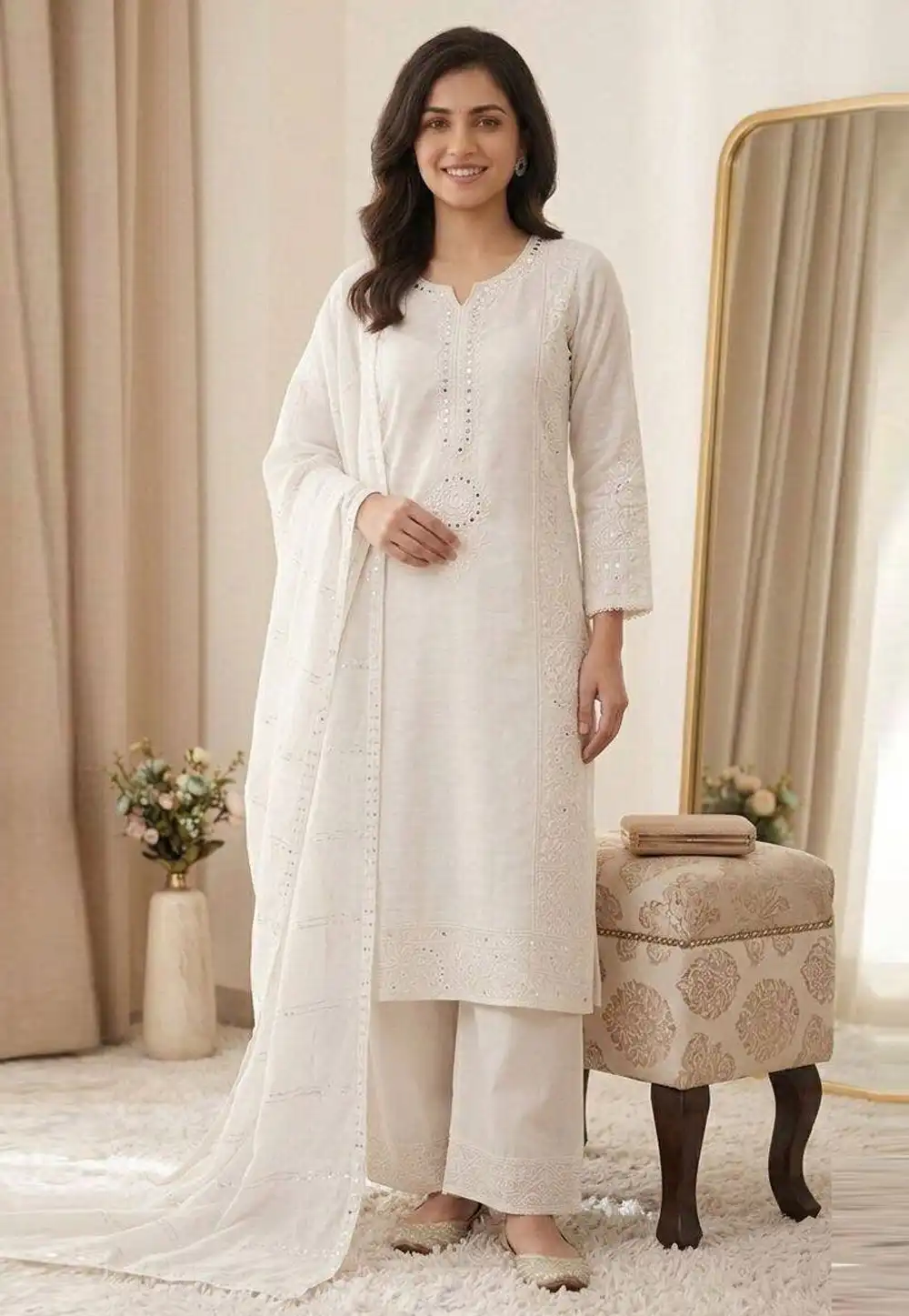 White Chanderi Readymade Palazzo Suit 330334
