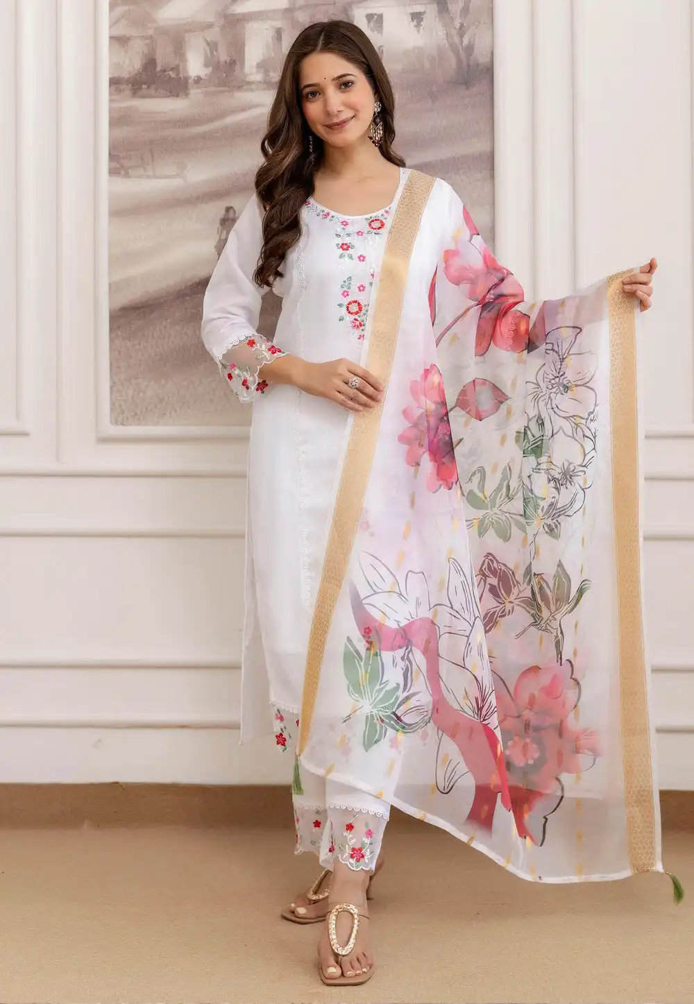 White Chanderi Readymade Pant Style Suit 320188