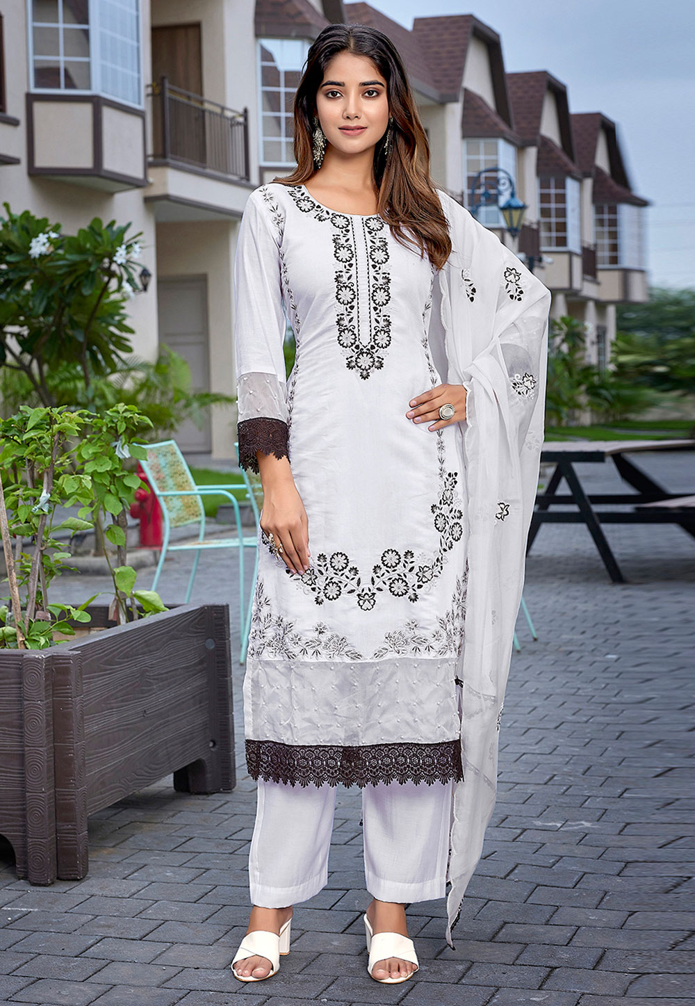 White Chanderi Readymade Pant Style Suit 308497