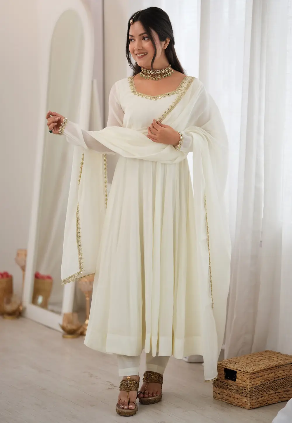 White Chanderi Silk Readymade Anarkali Suit 334056