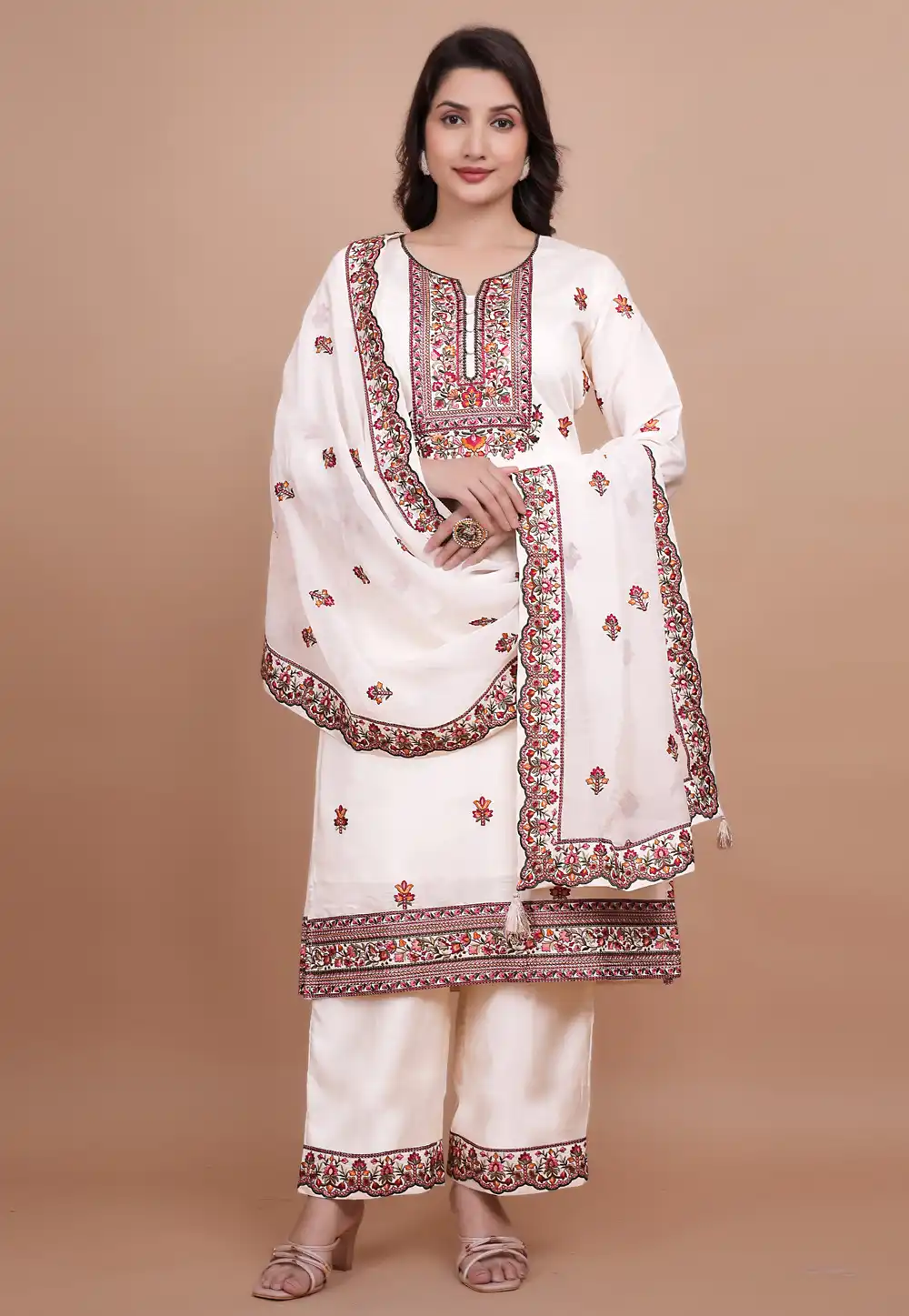 White Chanderi Silk Readymade Palazzo Suit 313715