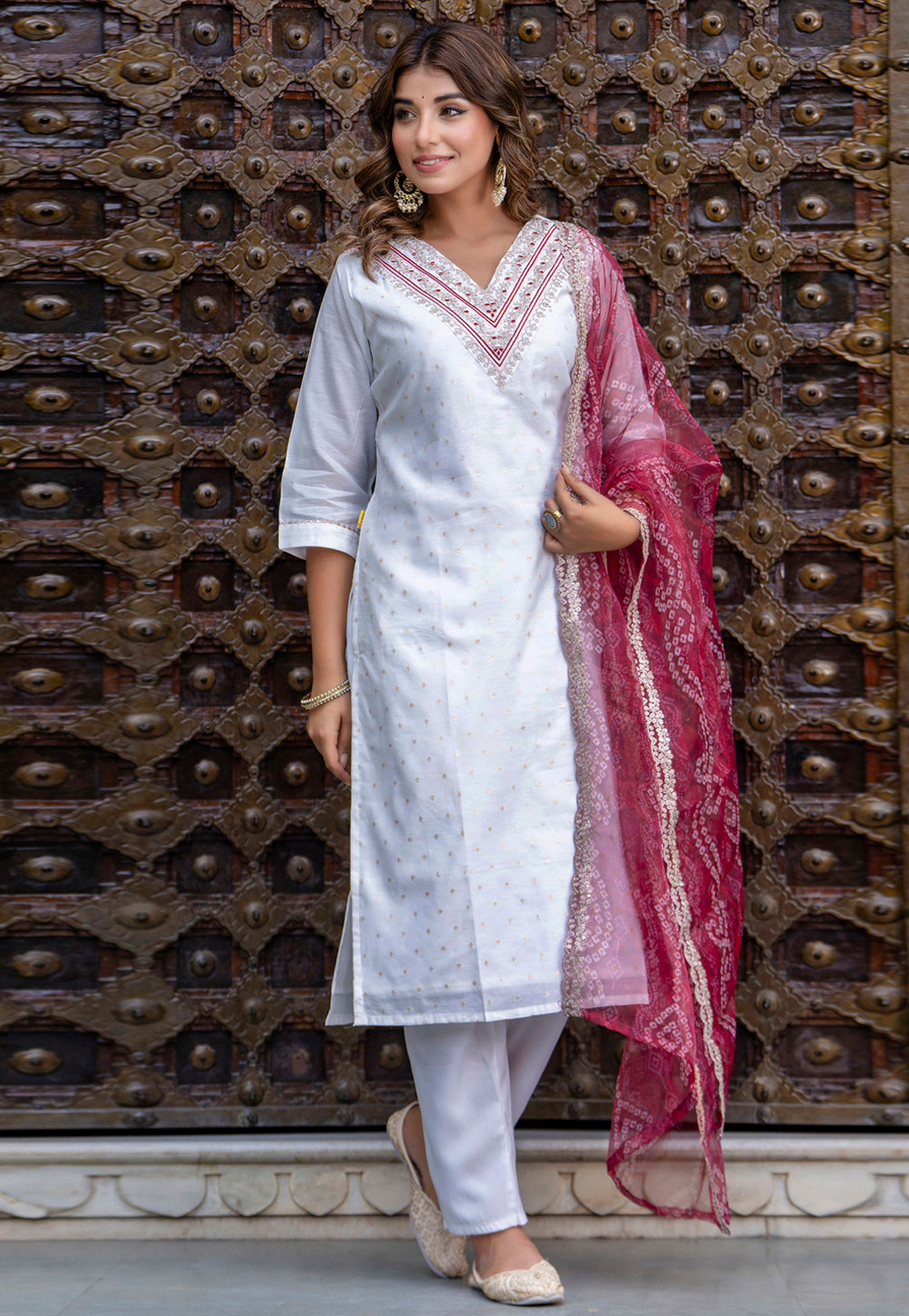 White Chanderi Silk Readymade Pant Style Suit 312463