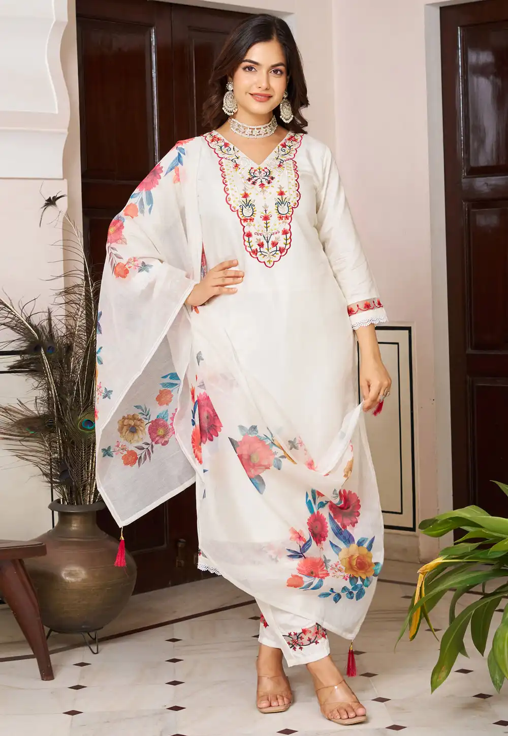 White Chanderi Silk Readymade Pant Style Suit 312335