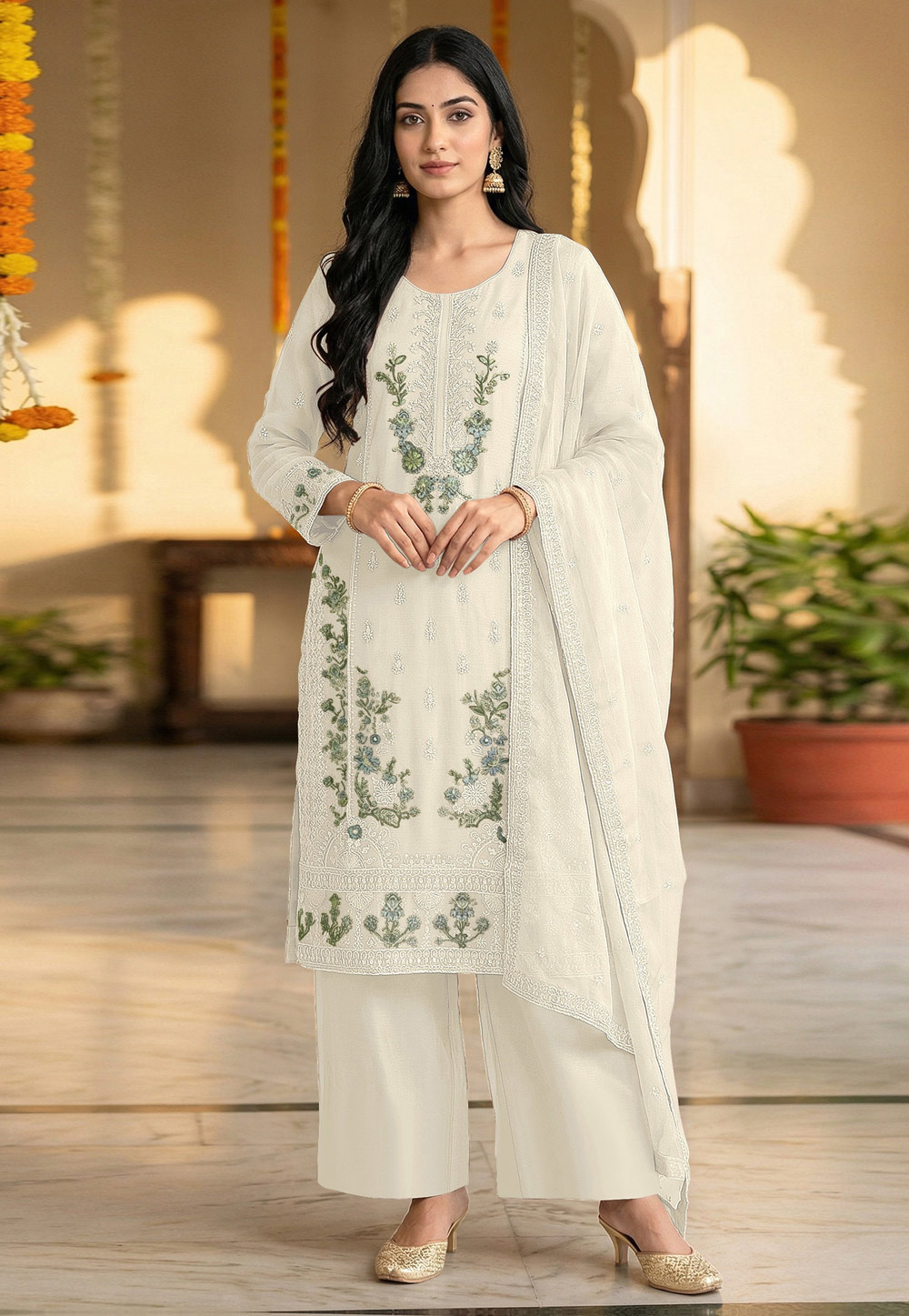 White Chiffon Palazzo Suit 329680