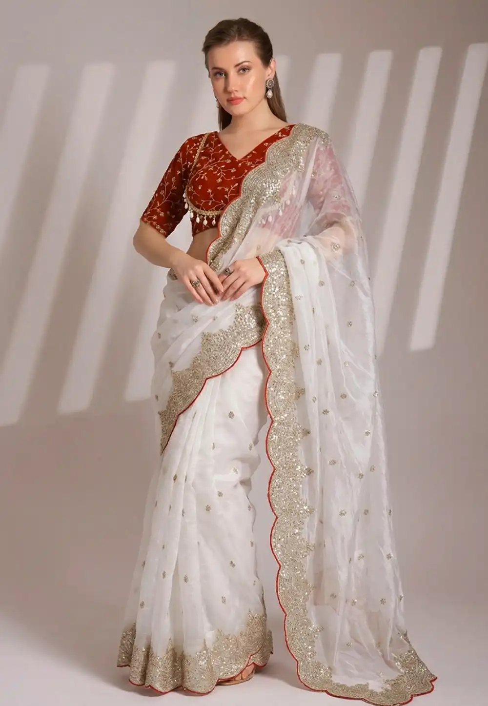 White Chiffon Saree With Blouse 330019