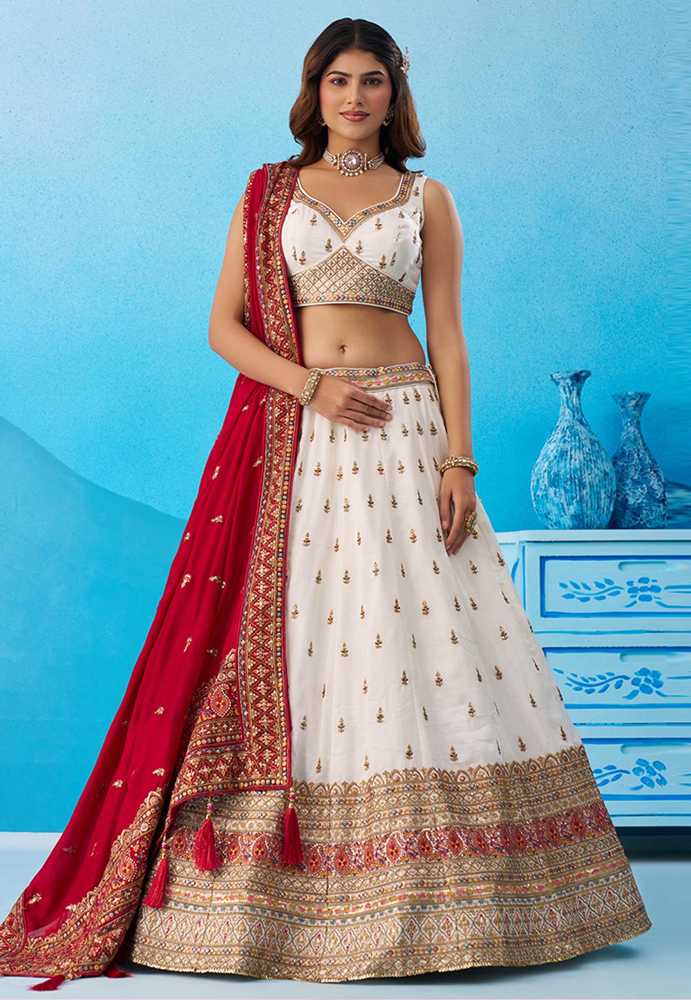 White Chinon Circular Lehenga Choli 326156