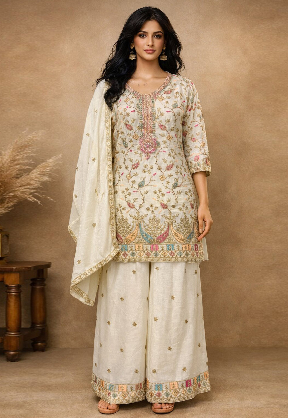 White Chinon Embroidered Pakistani Suit 325477