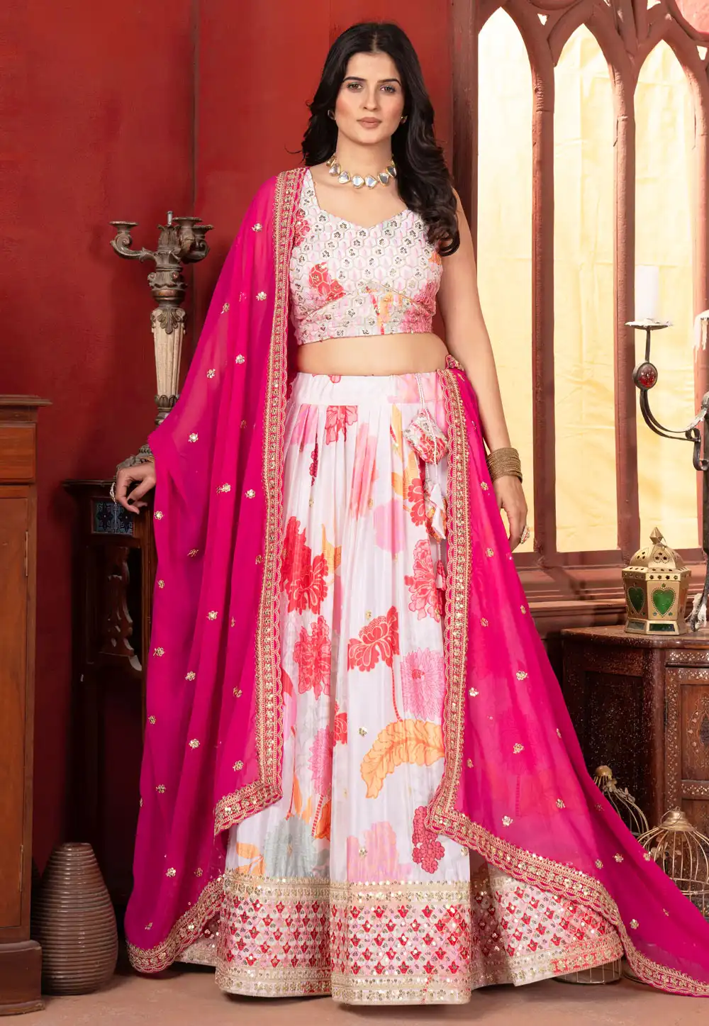 White Chinon Floral Lehenga choli 314510