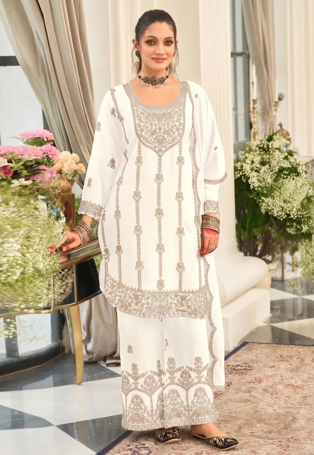 White Chinon Pakistani Suit 336054