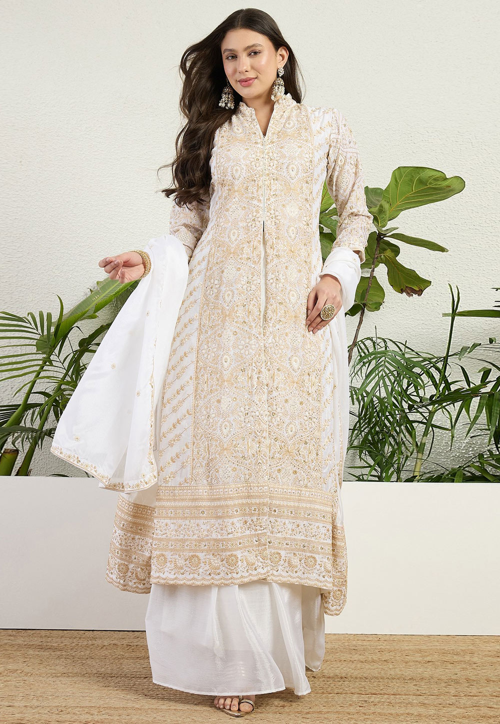 White Chinon Readymade Anarkali Lehenga Choli 327420