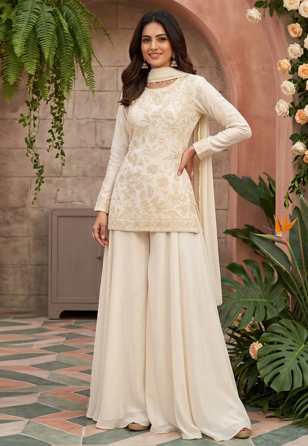 White Chinon Readymade Palazzo Suit 333169