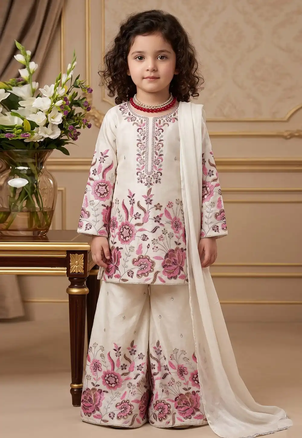 White Chinon Silk Kids Palazzo Suit 329465
