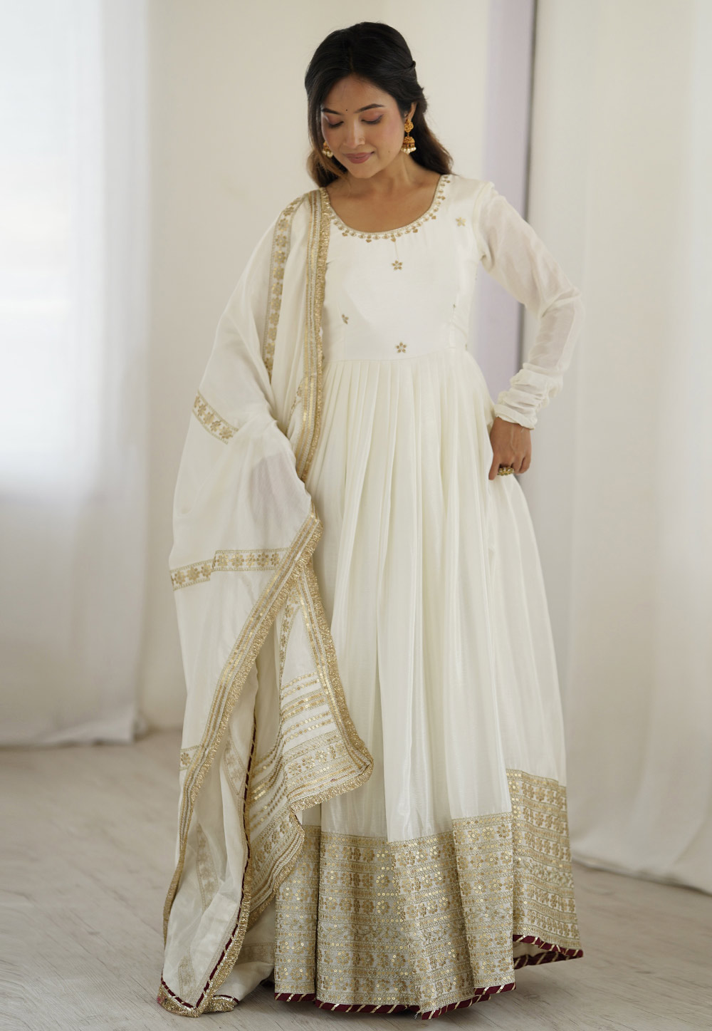 White Chinon Silk Readymade Anarkali Suit 312477