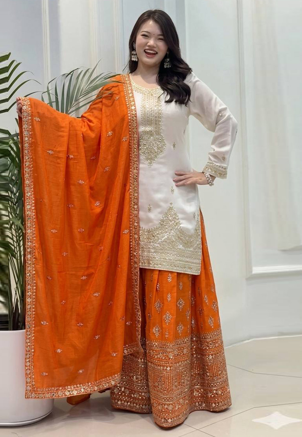 White Chinon Silk Readymade Gharara Suit 329621