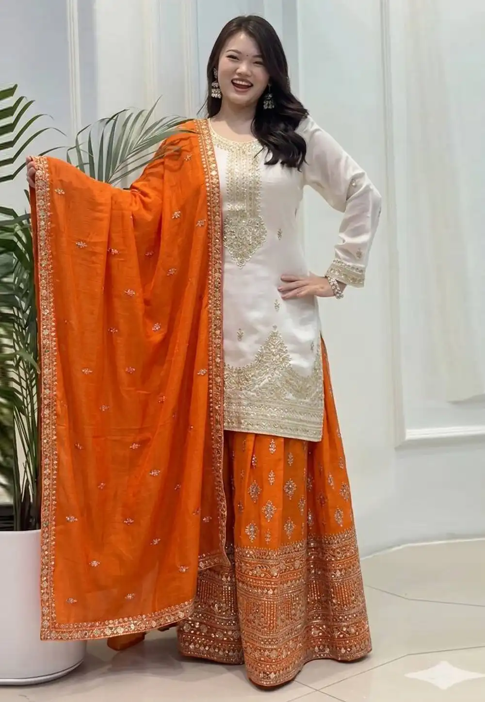 White Chinon Silk Readymade Gharara Suit 329621