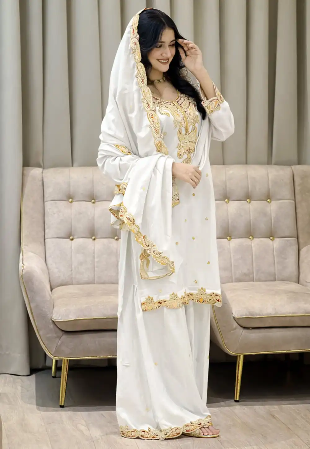 White Chinon Silk Readymade Gharara Suit 322623