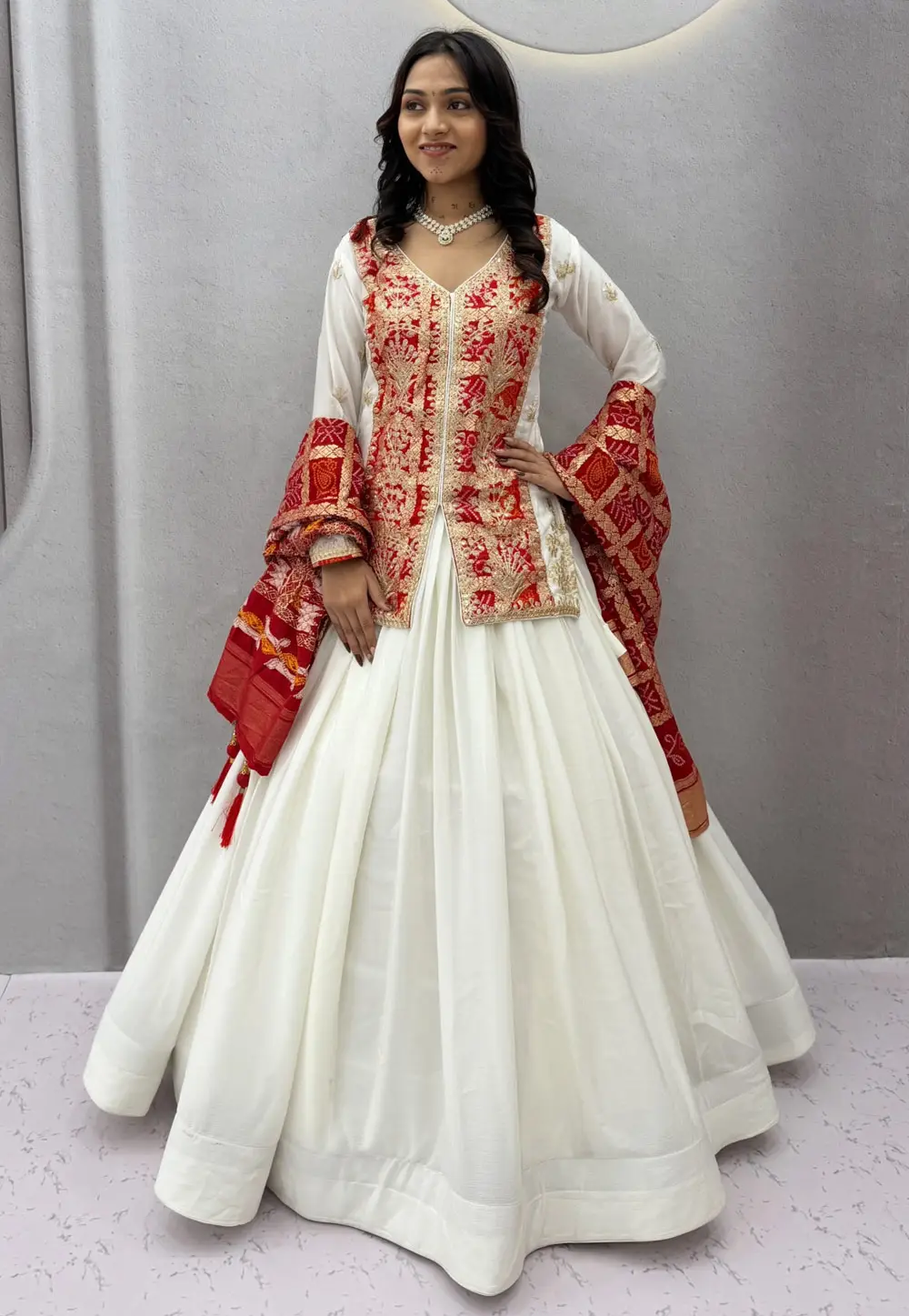 White Chinon Silk Readymade Indo Western Lehenga Choli 333994