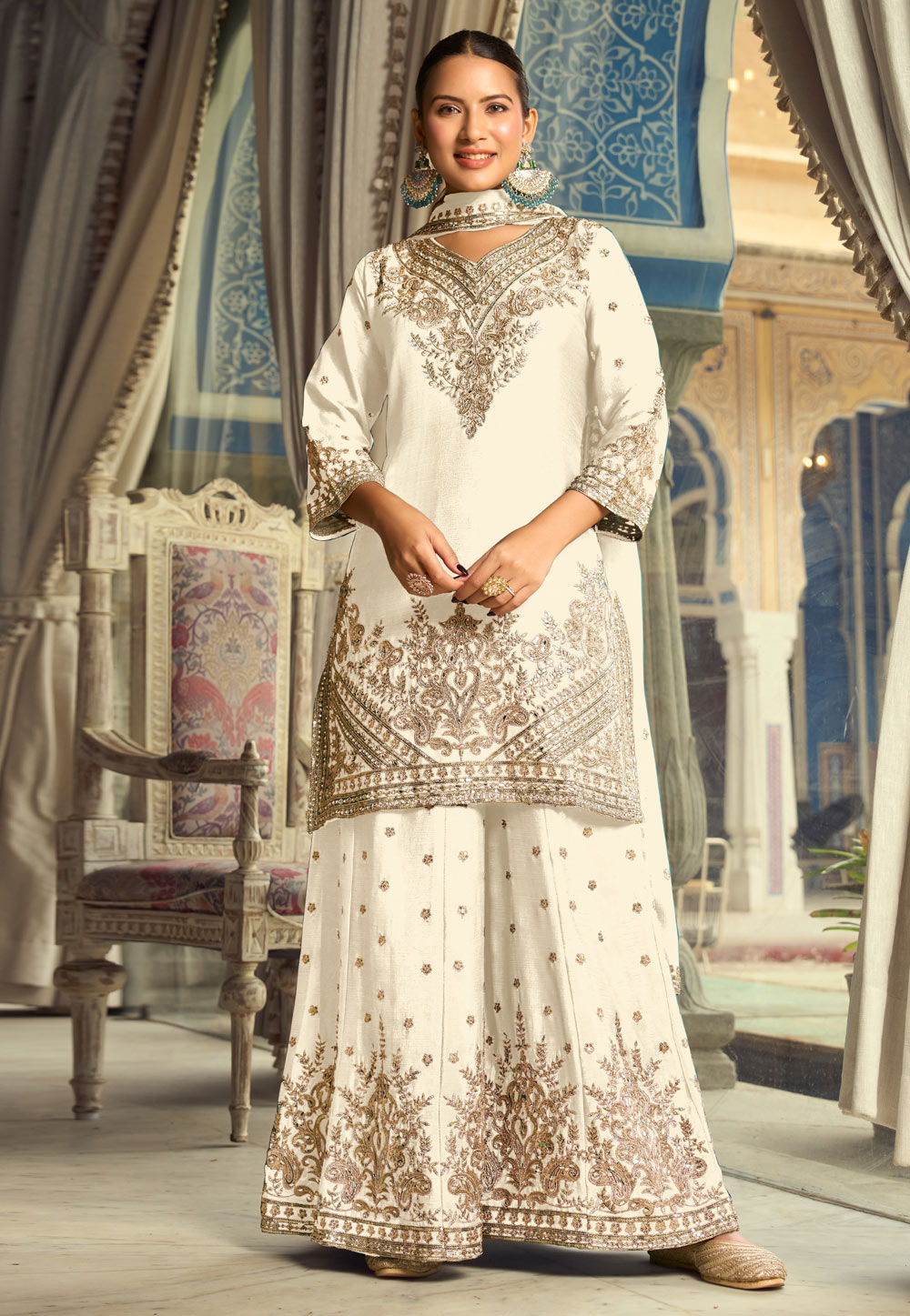 White Chinon Silk Readymade Pakistani Suit 324540