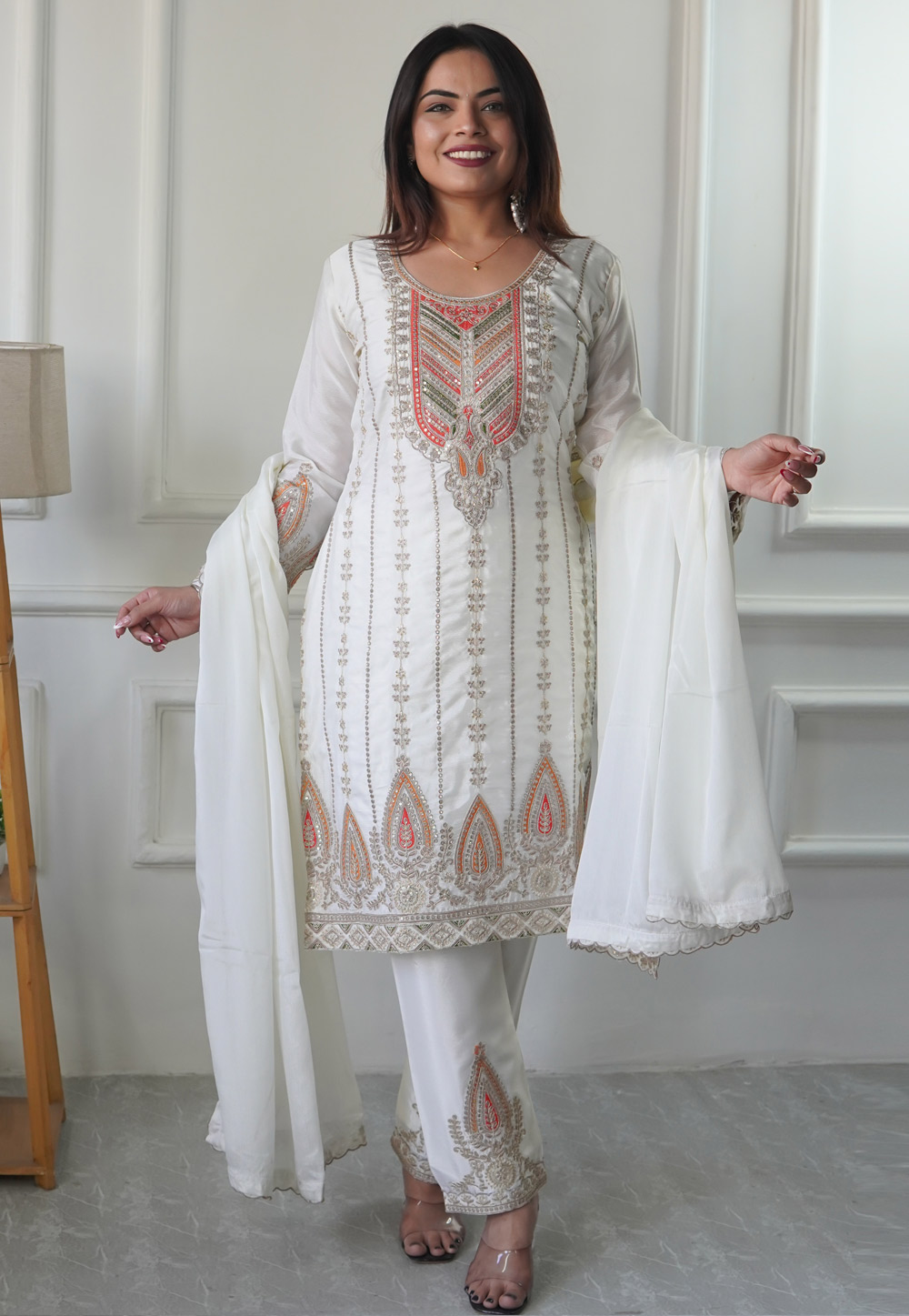 White Chinon Silk Readymade Pakistani Suit 310246