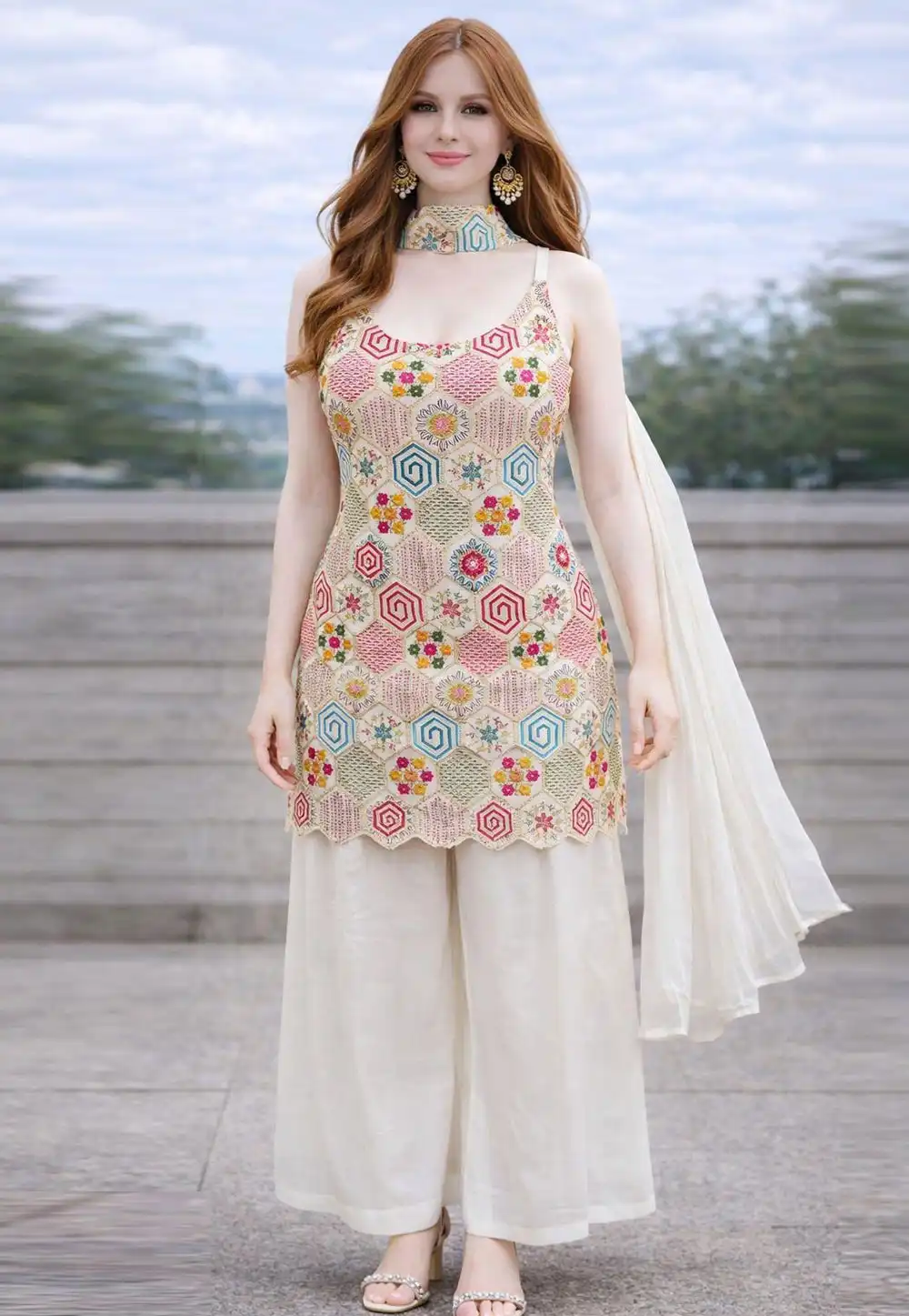 White Chinon Silk Readymade Pakistani Suit 323321
