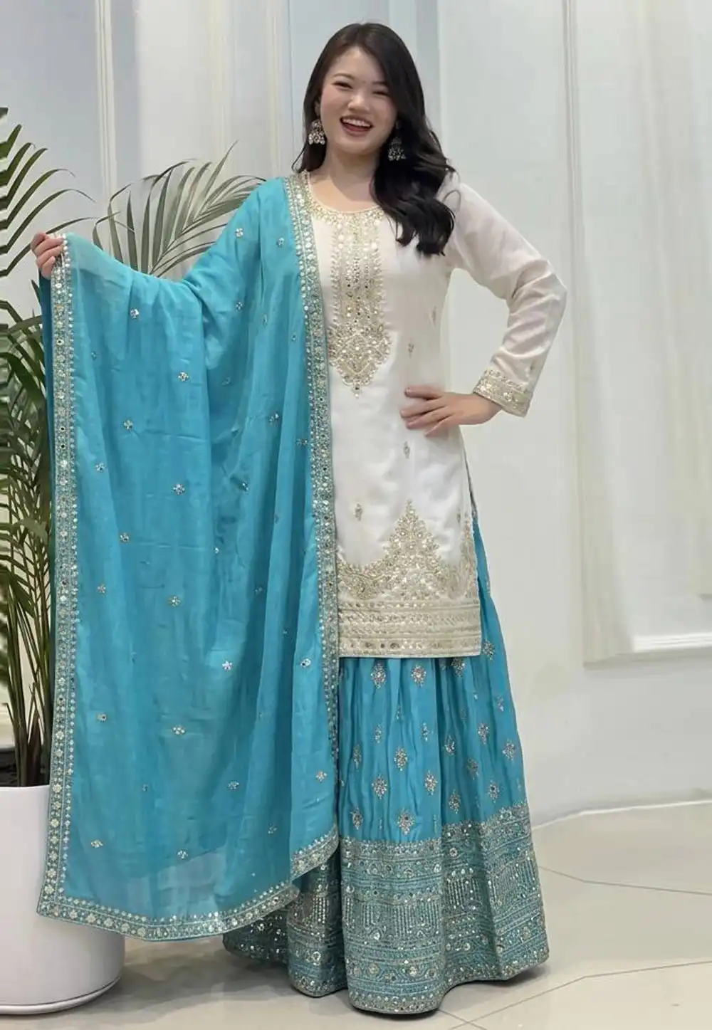 White Chinon Silk Readymade Sharara Suit 329620