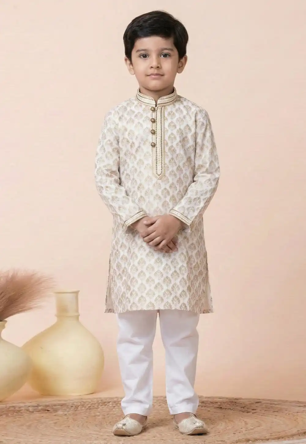 White Cotton Kids Kurta Pajama 322270
