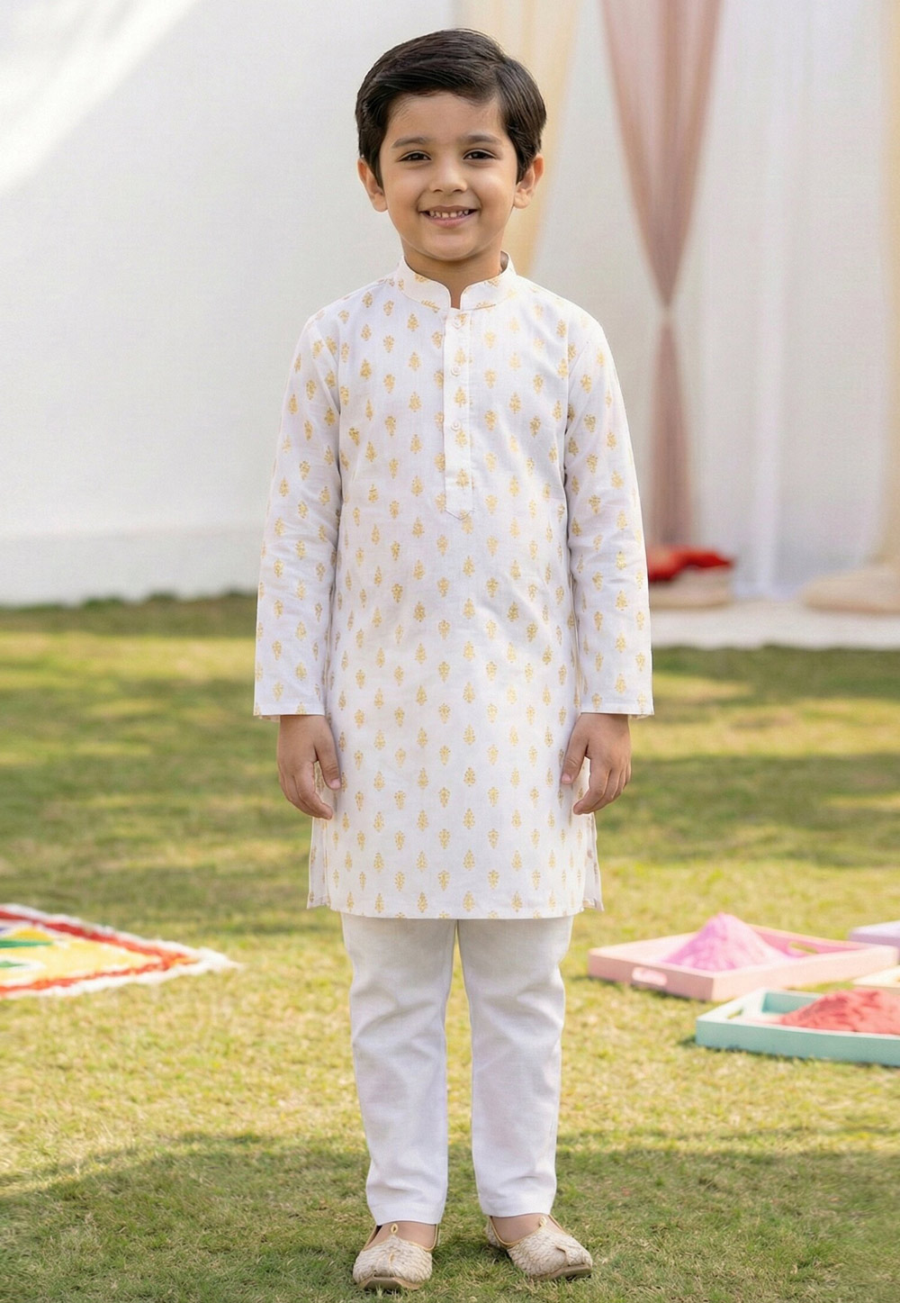 White Cotton Kids Kurta Pajama 325140
