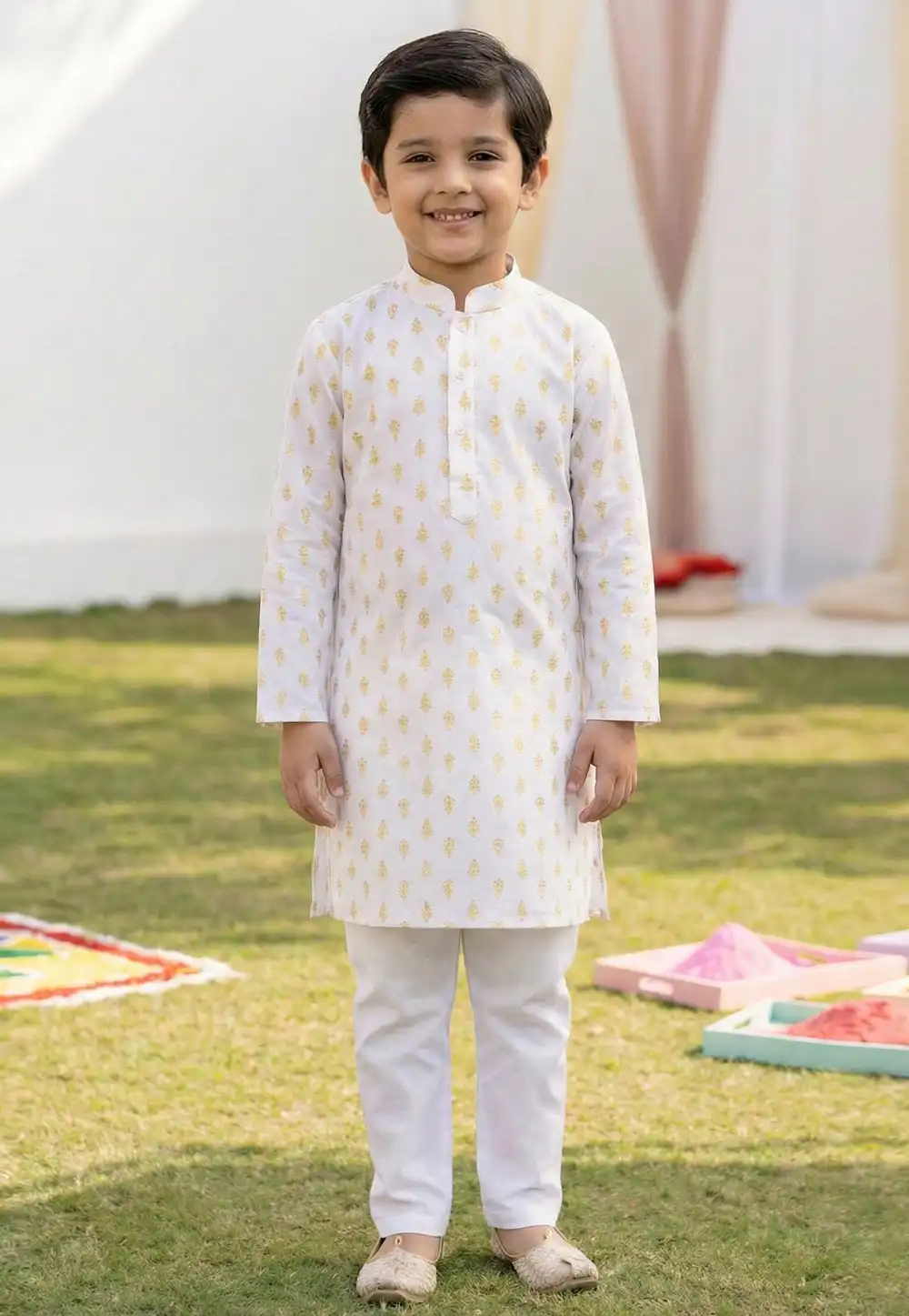 White Cotton Kids Kurta Pajama 325140