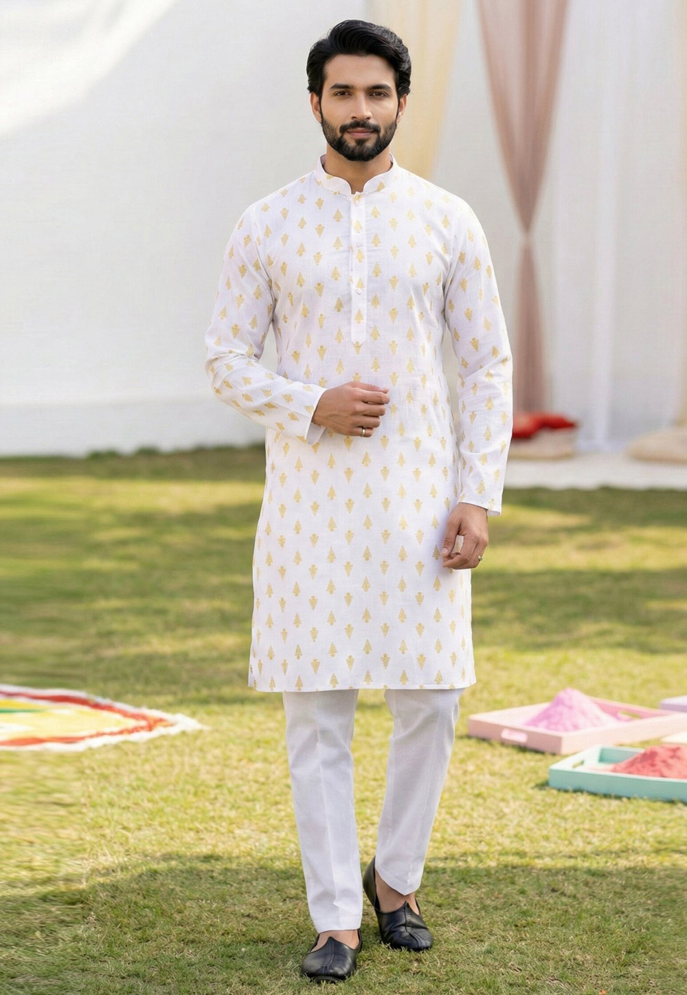 White Cotton Kurta Pajama 325166