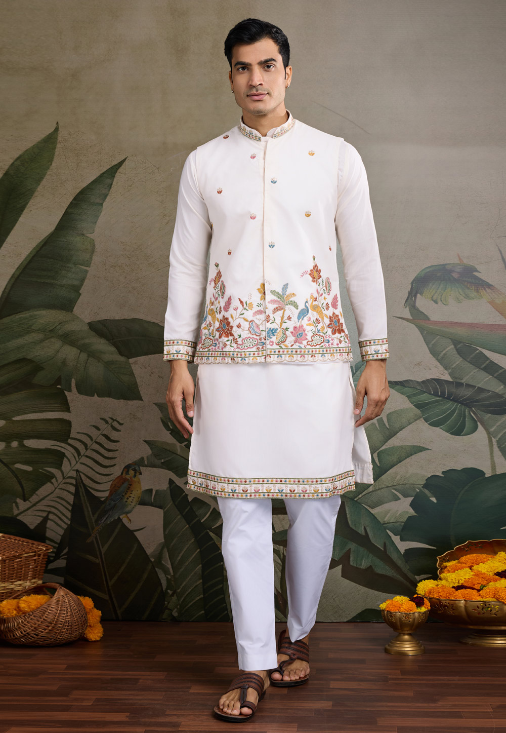 White Cotton Kurta Pajama With Jacket 311433