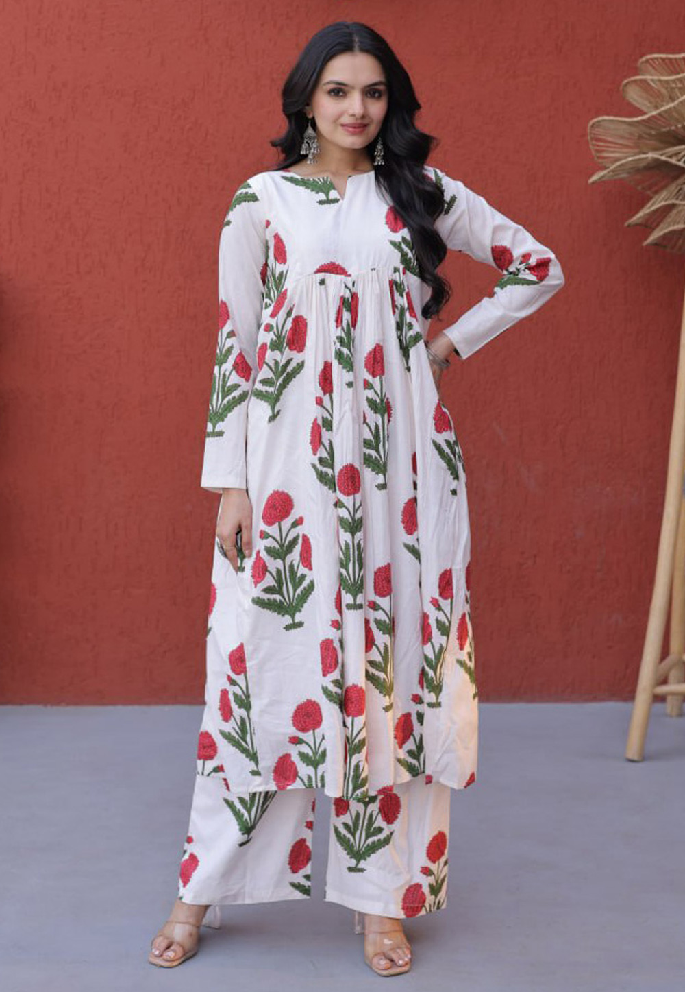 White Cotton Kurta Set With Palazzo 328237