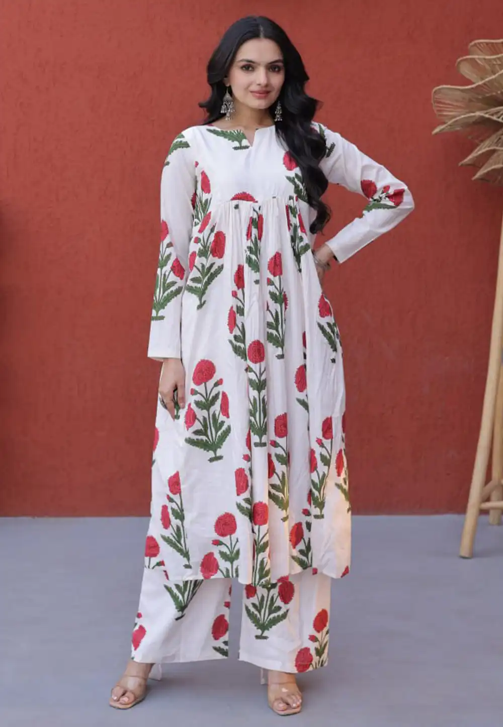 White Cotton Kurta Set With Palazzo 328237