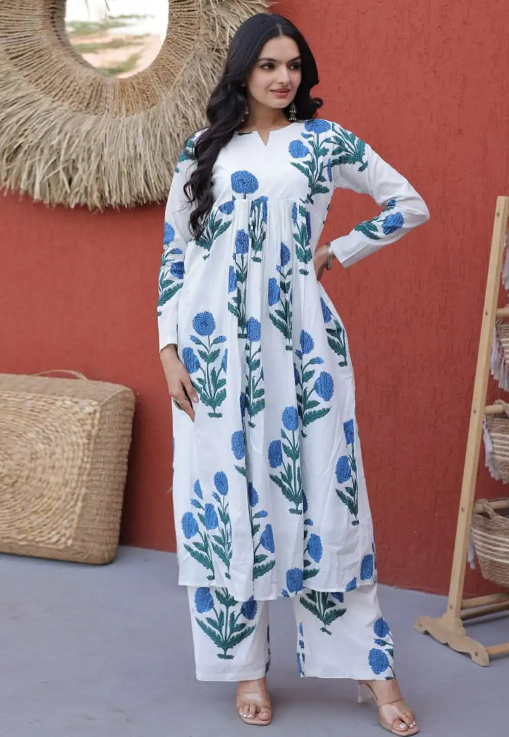 White Cotton Kurta Set With Palazzo 328238