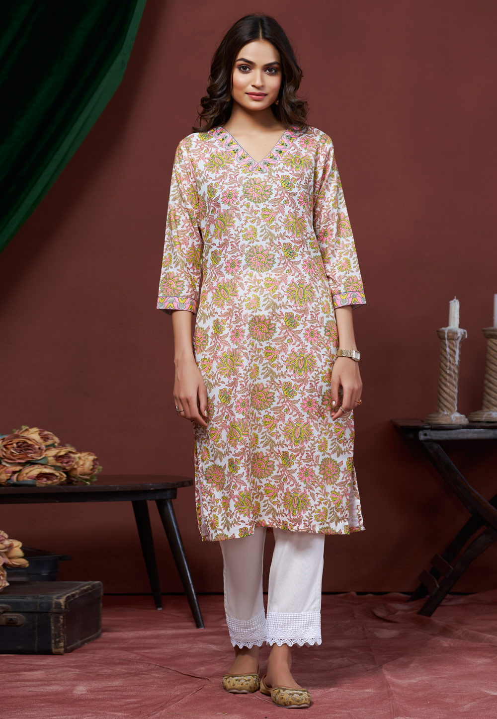 White Cotton Linen Printed Long Kurti 311974