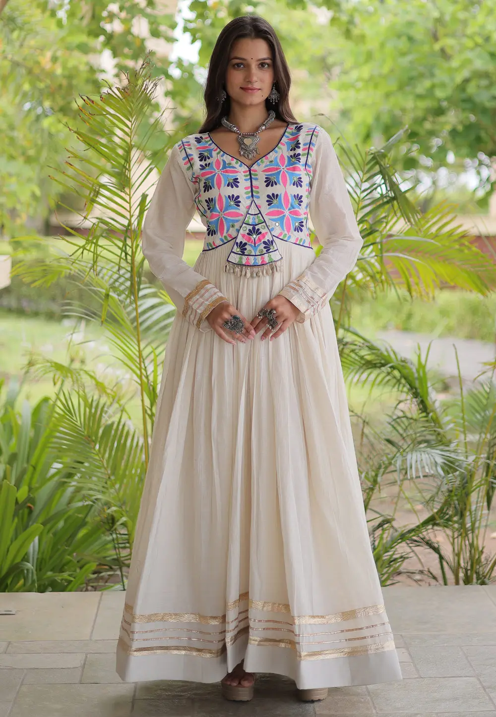 White Cotton Navratri Wear Gown 333734