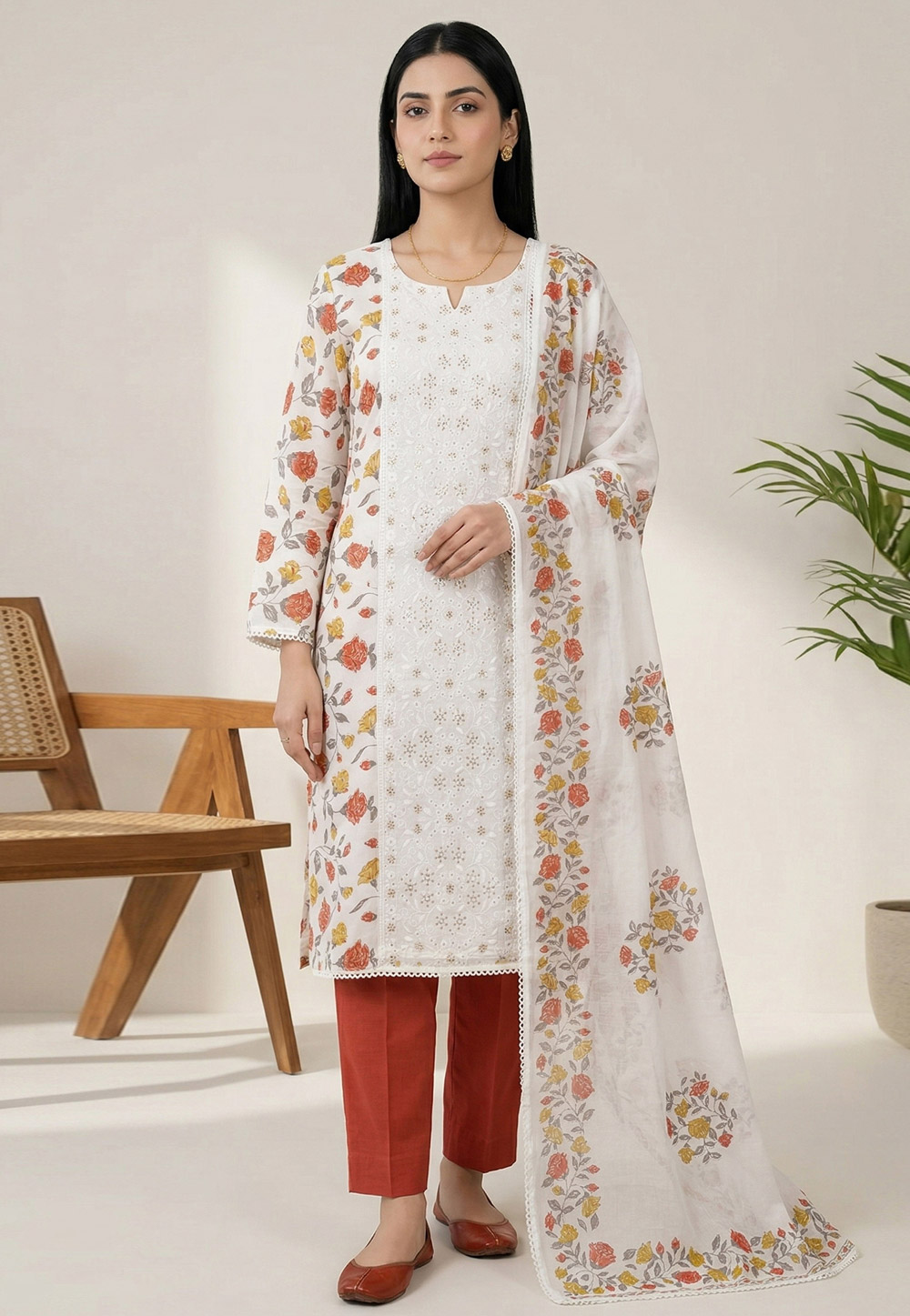White Cotton Pakistani Suit 327929