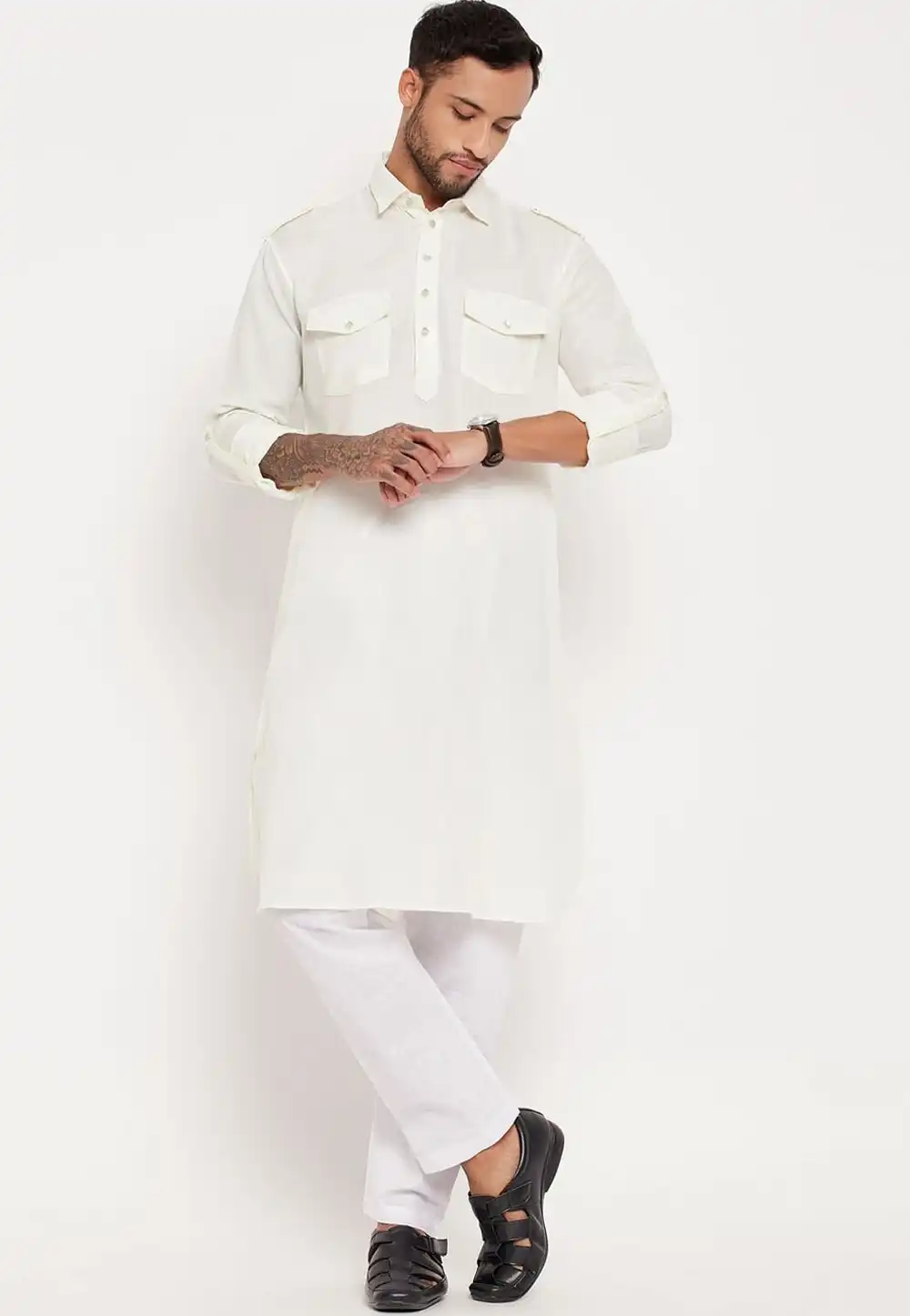 White Cotton Pathani Suit 309752